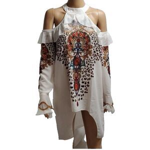 Venus Women Size 14  Ivory Embellished Cold Shoulder L/S‎ Blouse Ruffle Keyhole